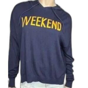 Stylish navy knit sweater hoodie w"Weekend" printed in yellow by Rachel Zoe, L